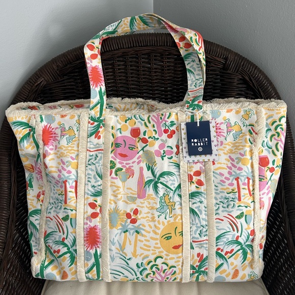 Roller Rabbit Handbags - NWT Roller Rabbit Vacation Fringe Canvas Tote Bag Yellow/Green